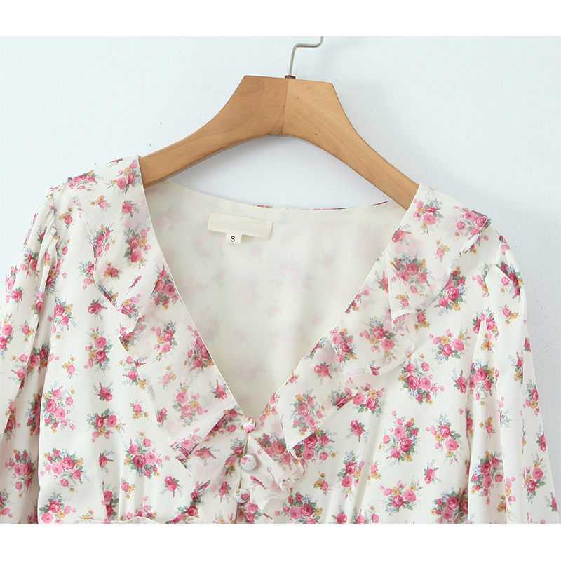 Mini robe à volants à imprimé floral Boho pour femmes, bouton avant, manches longues, col en V, robes de printemps, robe de vacances, courte, éducative, 2025