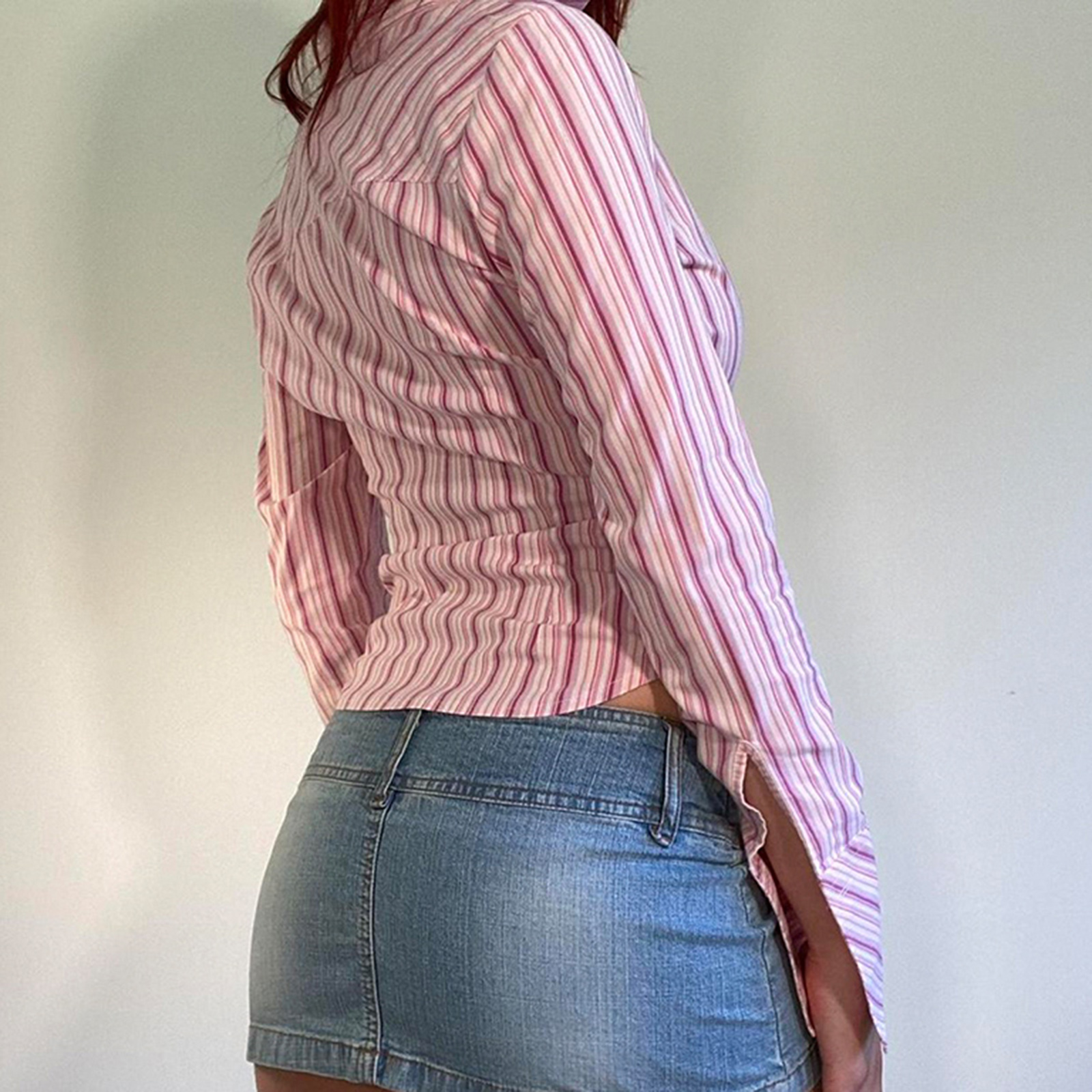 Chemises à col imprimé rayé pour femmes, à la mode, manches longues, coupe ajustée, boutonnée, hauts courts pour printemps et automne