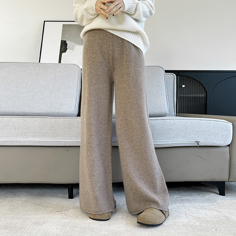 Pantalon décontracté en pure laine tricotée pour femme, nouvelle collection automne/hiver 2026, uni, taille haute, ample, chaud, à ourlet, jambe large, long