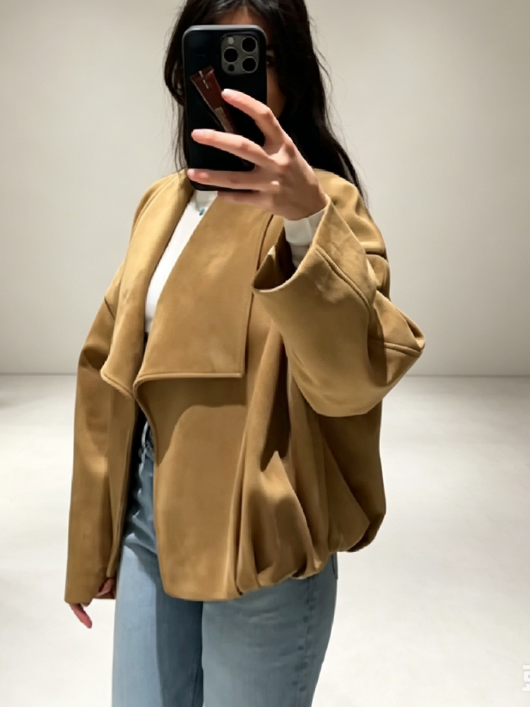 Manteau court décontracté ouvert sur le devant pour femme, col à revers, manches à revers larges, sans bouton, veste oversize chic pour le bureau ou la rue