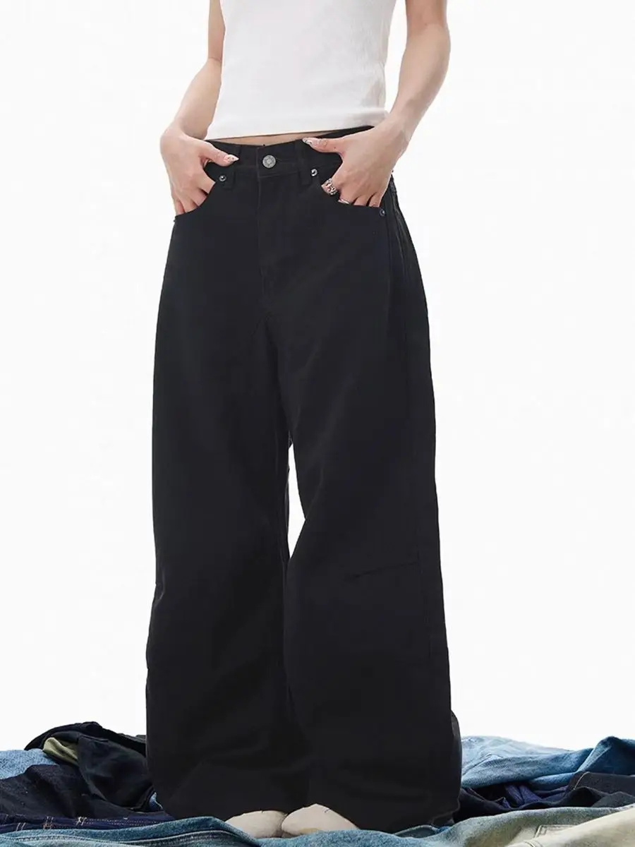 Jean slim femme couleur unie style américain, basique décontracté, coupe ample, pantalon noir chic pour femme