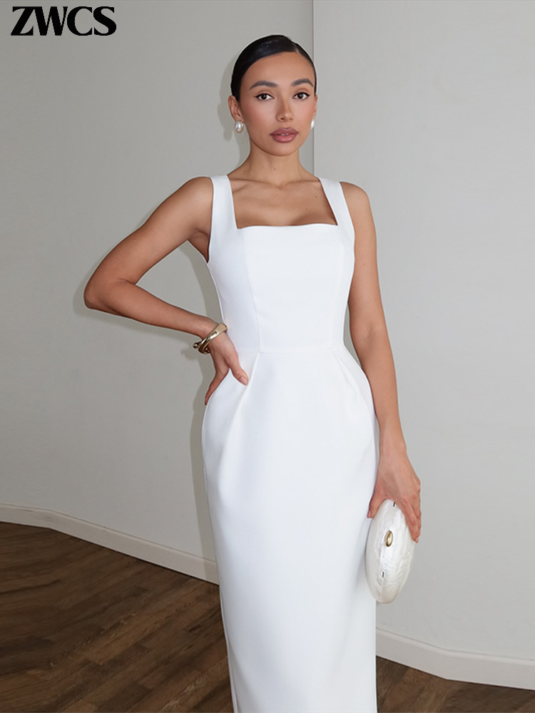 Ensemble 2 Pièces Robes Élégantes à Châle Été 2026 pour Femmes – Robes Blanches Sans Manches à Col Carré et Taille Cintrée – Tenues Slim pour Femmes