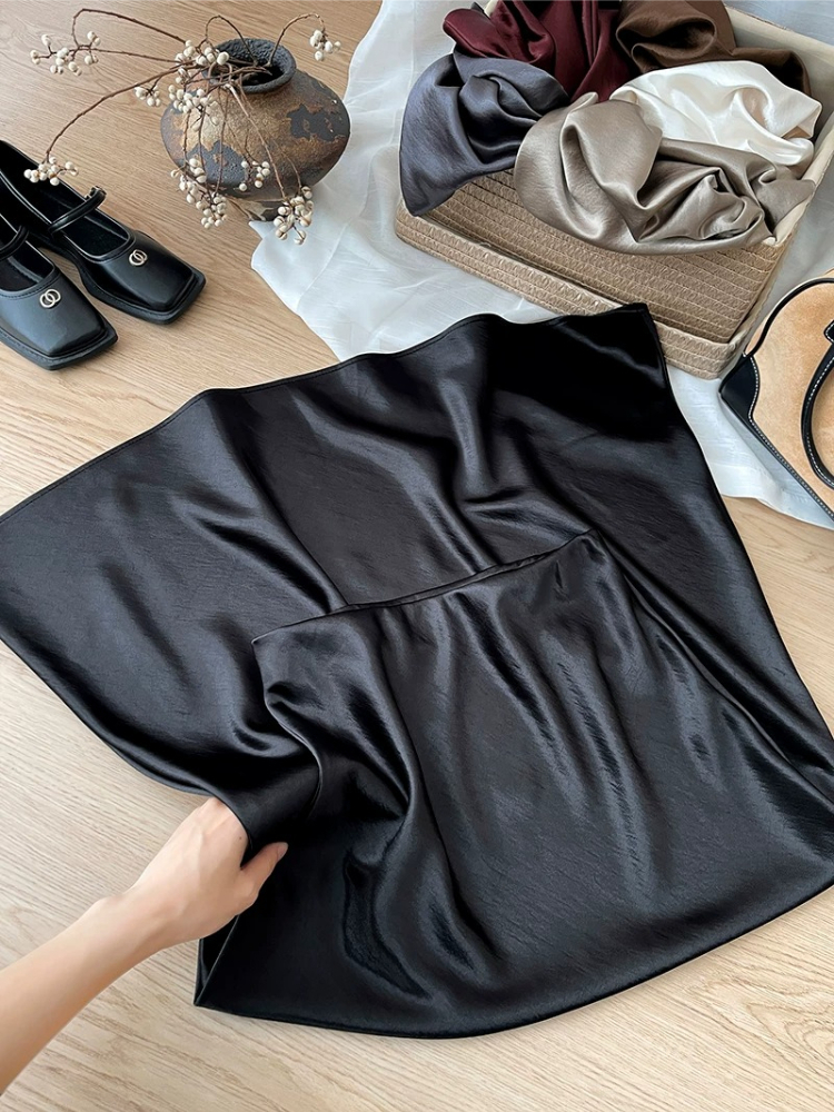 Jupe longue noire en satin d'acétate pour femme, taille haute, coupe sirène, style A-line, élégante pour le printemps et l'été