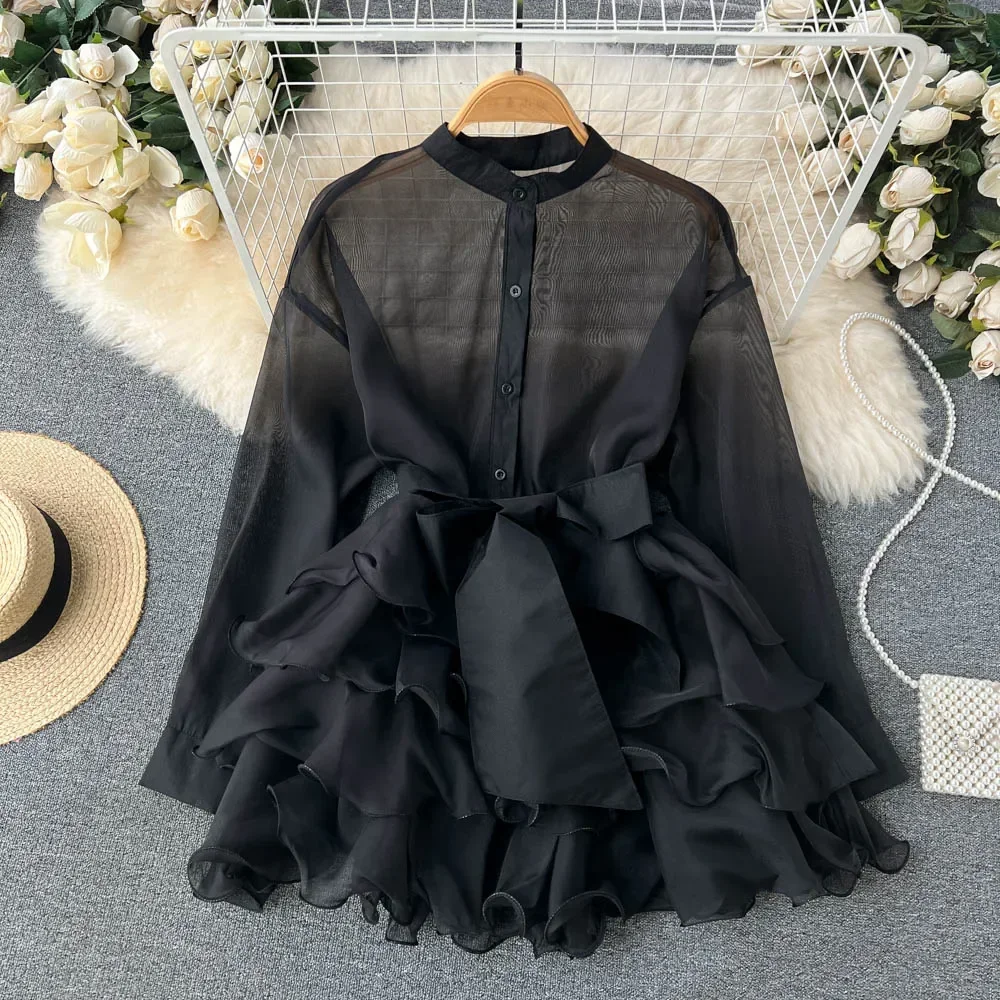 Chemise Longue en Mousseline de Soie pour Femme, Chemisier Élégant, Chic, à Manches sulf, Col Rond, Couleur Unie, Printemps