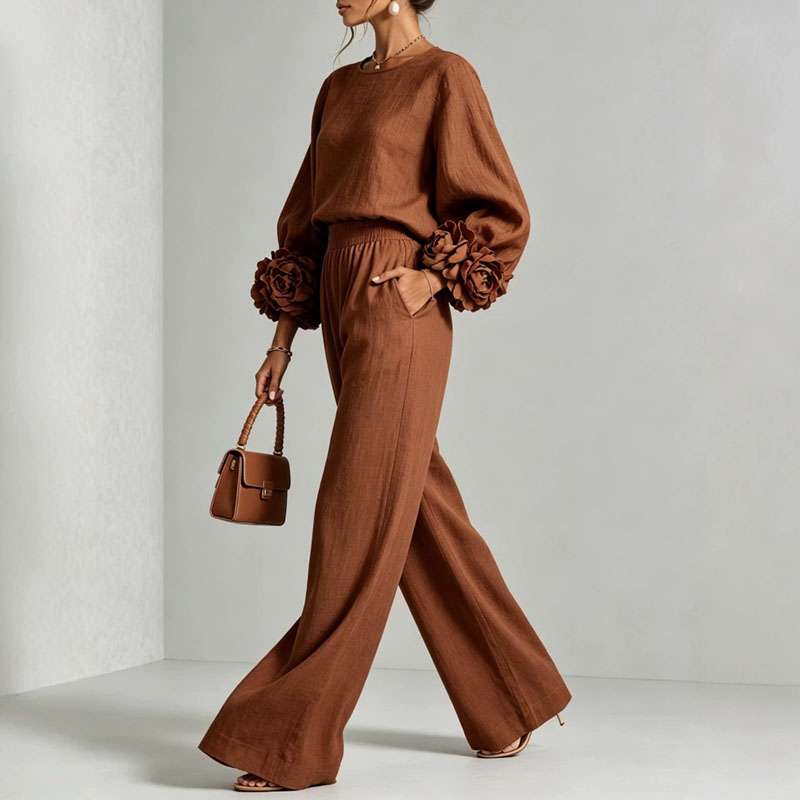 Ensemble 2 pièces pour femme : Haut à col rond et manches longues bouffantes avec motif floral 3D + Pantalon large à taille élastique – Tenue élégante pour les fêtes, décontractée ou de bureau