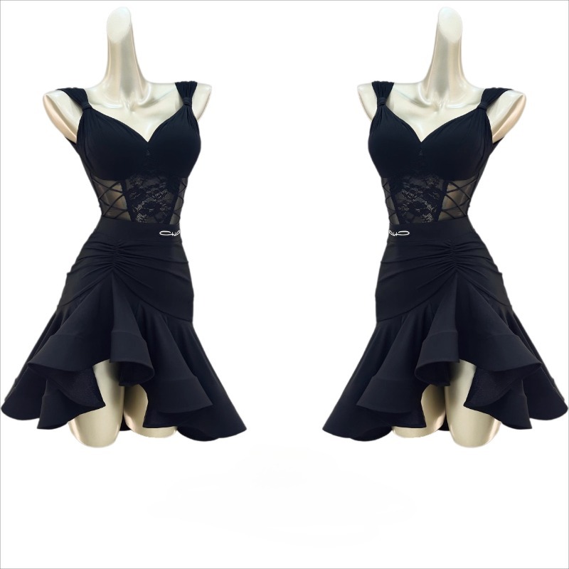 Robe de danse latine pour femmes, tenues en dentelle, hauts de soutien-gorge, jupe à volants, Costumes de spectacle sur scène pour concours de danse pour adultes
