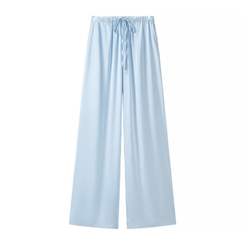 Ensemble pantalon femme Nouveauté été 2026 : Chemise à manches longues ajourée et pantalon en satin avec cordon de serrage – Tenue deux pièces pour femme