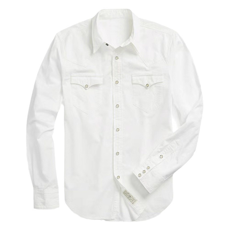 Chemise en jean délavé ivoire à manches longues pour homme, 100% coton, décorée de boutons, coupe cintrée américaine vintage, printemps/automne