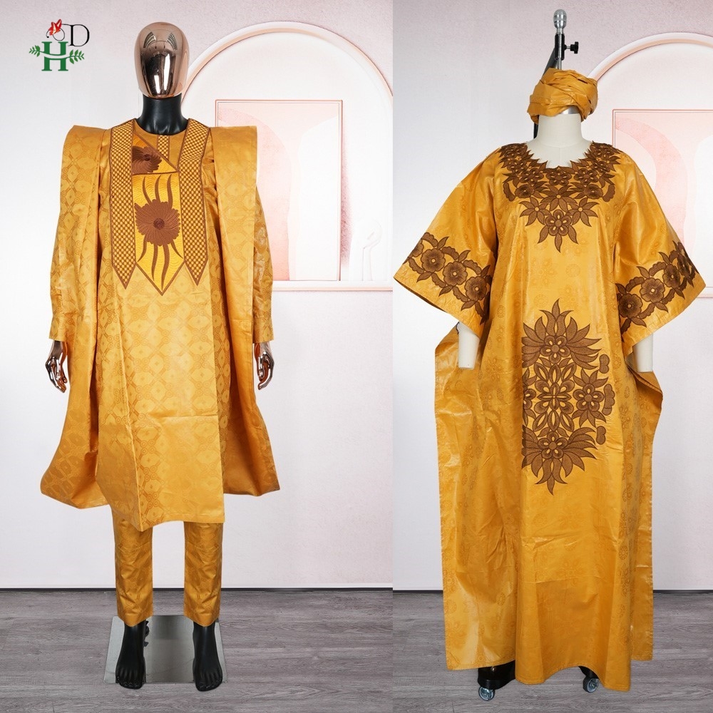 Robes africaines H&D pour couple, jaunes, traditionnelles, en Bazin Riche, tenue brodée 3 pièces pour homme, robe turque pour femme, robe de fête de mariage