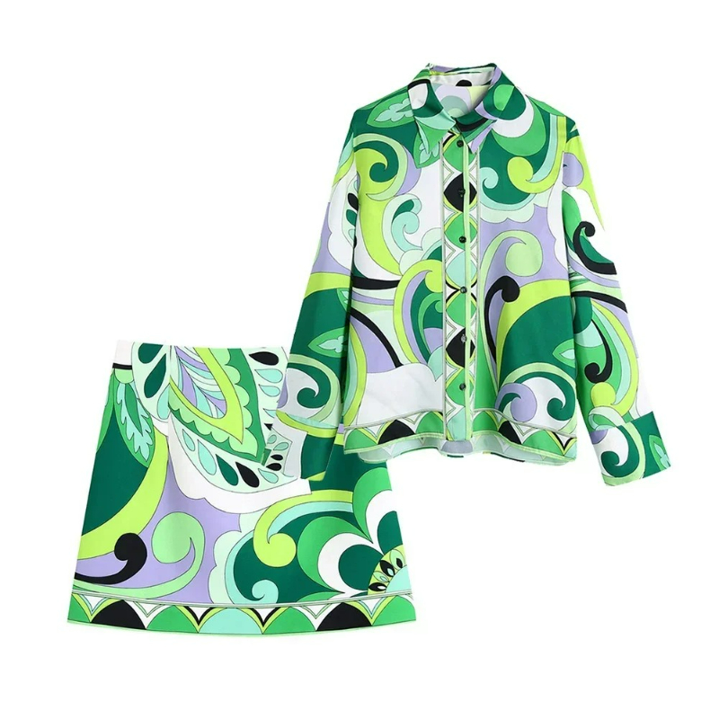 Ensemble jupe d'été pour femmes, hauts à la mode, manches longues, imprimé plante, chemise à fleurs, taille haute, jupe trapèze, style Boho, ensembles de plage, jupe Y2k