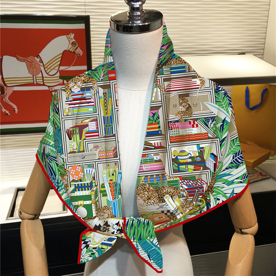 Foulard carré de marque 90CM pour femme, en soie sergé à imprimé léopard, châle, hijab, bandana de luxe, foulard, écharpe de cou, écharpe de tête