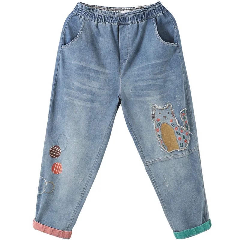 Jean taille haute pour femme, nouvelle version coréenne printemps-automne 2026, pantalon sarouel ample brodé avec patchs en tissu, longueur 7/8 pour femme