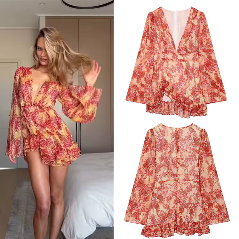 Nouvelle Arrivée 2026 – Robe Courte Bohème Femme Imprimé Floral Rouge et Jaune Coucher de Soleil, Sexy, Décolleté Plongeant en V, Taille Nouée, Manches Cloche Évasées Longues
