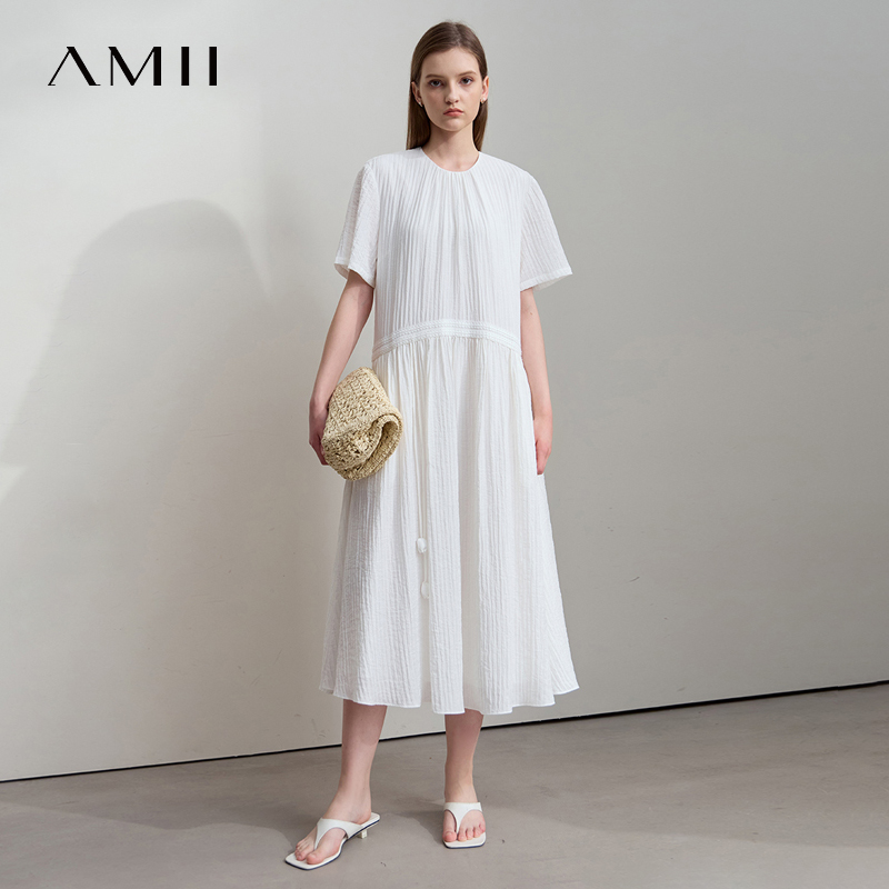 AMII Nouvelle Robe Minimaliste Femme Été Col Rond Manches Courtes Fleurie Ruban Épissé Longue Robe Tendance Vêtements 12542085