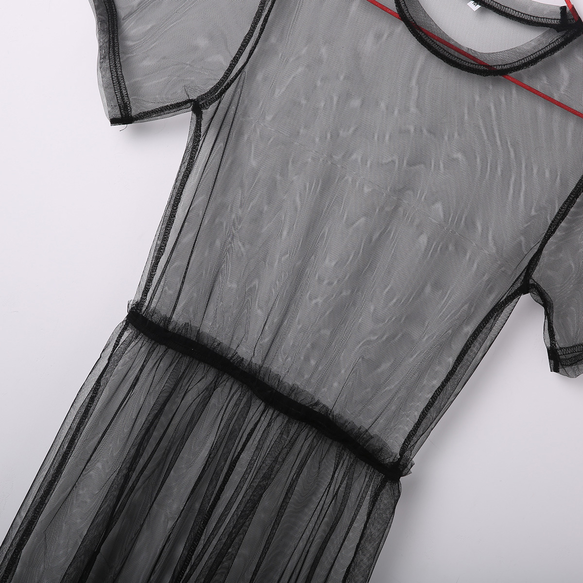 Robe d'été en maille Volie pour femmes, robe d'été en gaze noire transparente, demi-manches, dentelle, vêtements d'extérieur sexy, 1 pièce, été, 2022