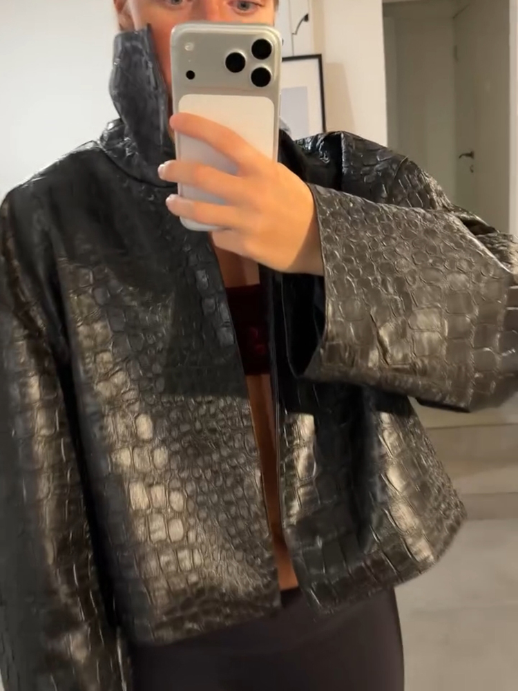 Veste Courte Décontractée en Similicuir PU pour Femme, Col Montant, Manches Longues, Ouverte sur le Devant, Style Mode, Automne 2026, Coupe Ample, Tendance Urbaine