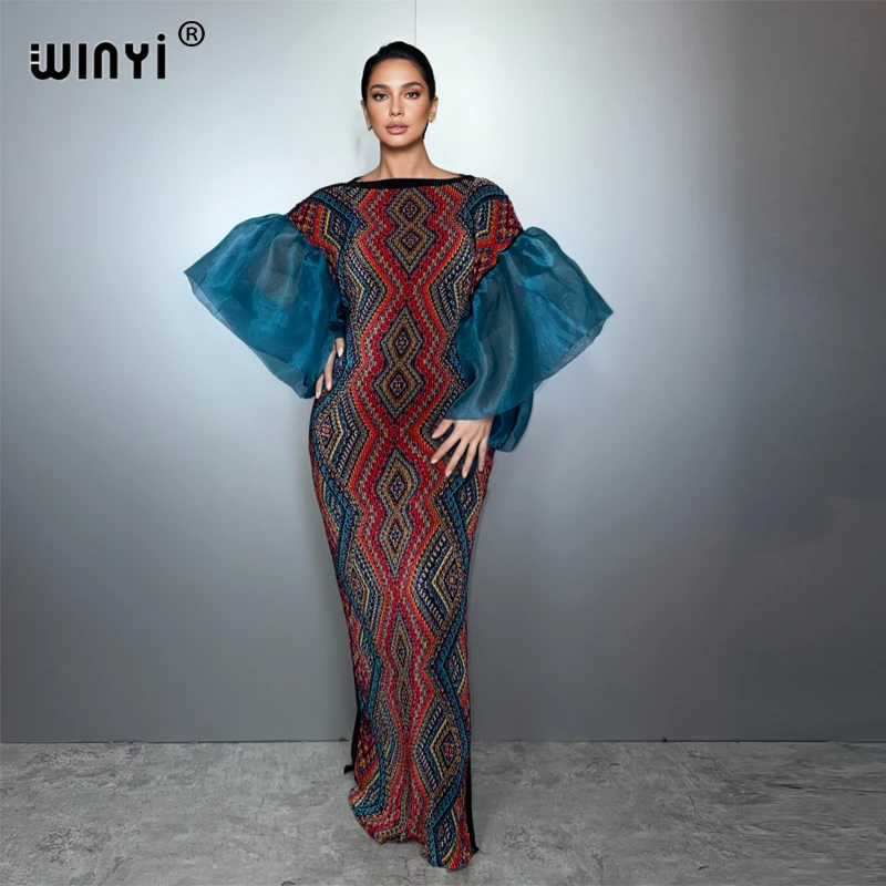 Robe plissée à manches bouffantes WINYI, robe de plage, kaftan bohème, abaya, robe de soirée de luxe Dubaï, robe longue pour femme musulmane