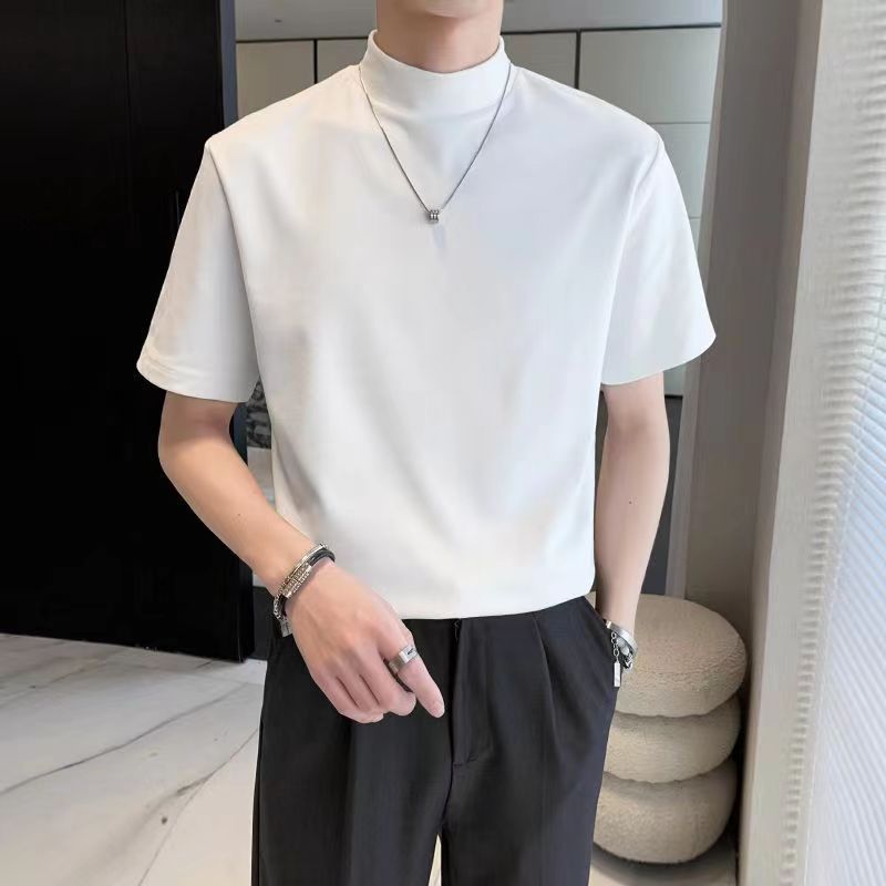 ChimFashion-T-Shirt à Manches Courtes pour Homme, Vêtement à Col Mi-Haut, Solide, Respirant, Slim, Simple, Décontracté, Polyvalent, Collection Été