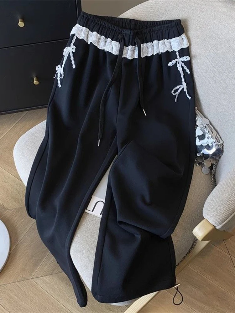 Pantalon de survêtement en dentelle grise pour femmes, taille haute, doux, mode coréenne, ample, élégant, assorti avec tout, jambes larges