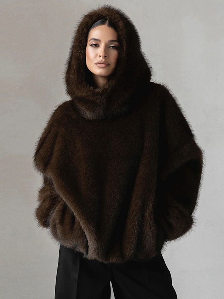 Manteau d'hiver à capuche en fausse fourrure marron pour femme, manches longues, chaud, épais, ample, pull en peluche, mode dame, nouveaux vêtements d'extérieur, 2025