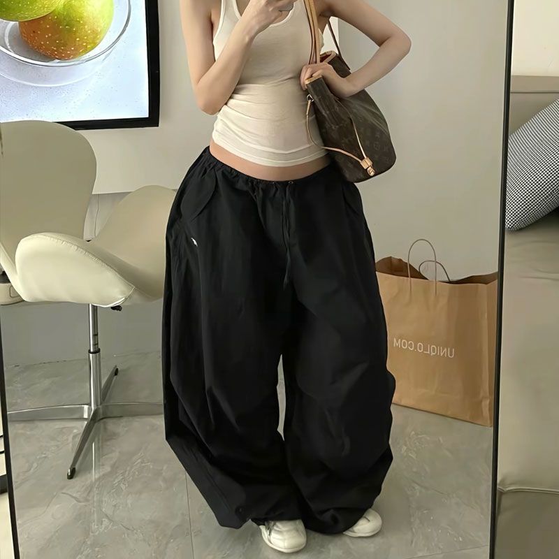 Deeptown Beige surdimensionné femmes Parachute pantalon basique jambe large Jogging mode coréenne Cargo pantalons de survêtement Baggy Hip Hop décontracté nouveau