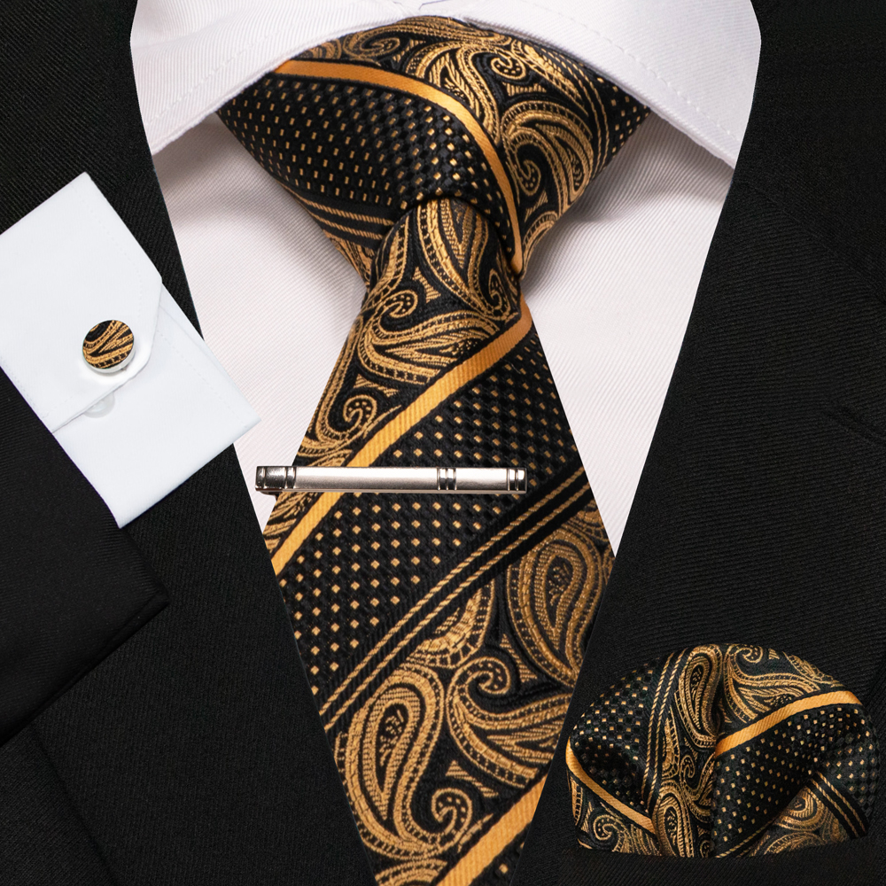 KAMBERFT nouveau classique soie hommes cravate rouge or rayé hommes cravate mouchoir boutons de manchette ensemble mariage affaires fête Gravatas