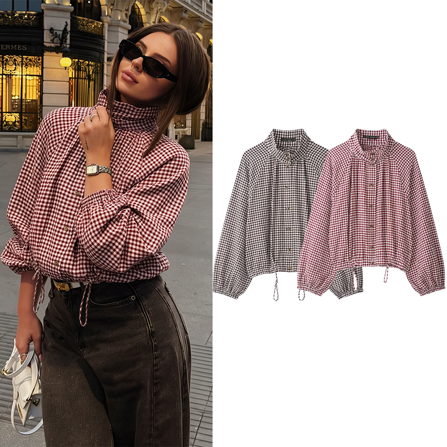 Veste courte à carreaux vintage pour femme, col montant avec ourlet à cordon, manches longues, manteau boutonné, manteau décontracté d'automne pour femme ﻿