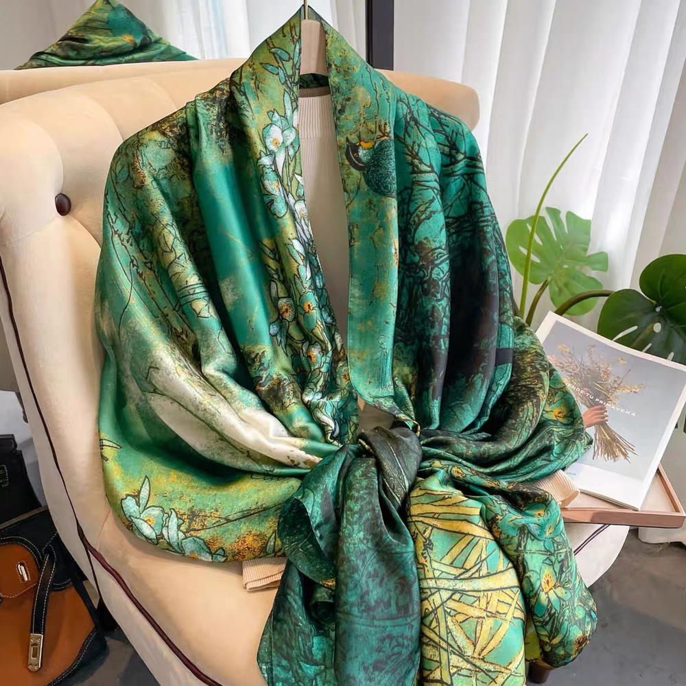 Écharpe de luxe en soie verte 85*180cm pour femme, douce et lisse, foulard, hijab, écharpe d'extérieur, châle long, serviette de plage
