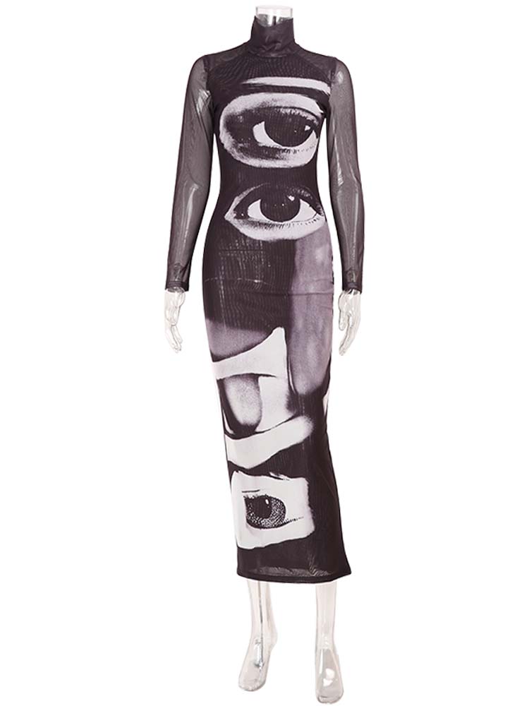 Ahagaga mode femmes Maxi robes imprimé col roulé manches longues régulières gaine coupe ajustée yeux casual Streetwear robes