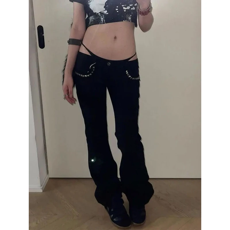 Jean évasé noir taille basse pour femme, style Gyaru, rétro américain, cyberpunk coréen, coupe trompette, Y2K, skinny, patte d'éléphant, nouveauté