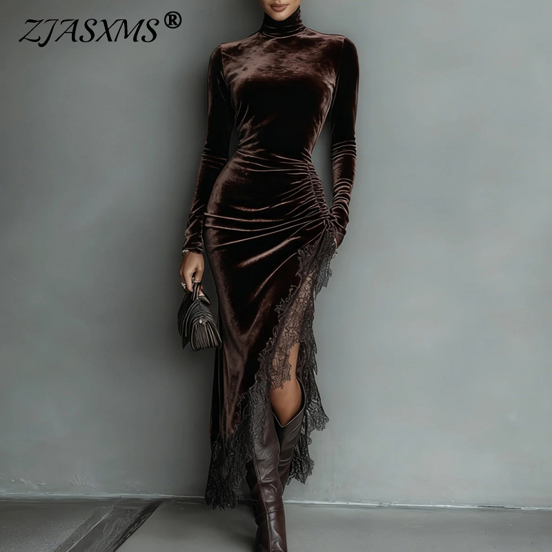 Velours Patchwork dentelle fente longue robe de soirée femme automne col roulé mince plissé Boho robe hiver à manches longues creux Maxi robe