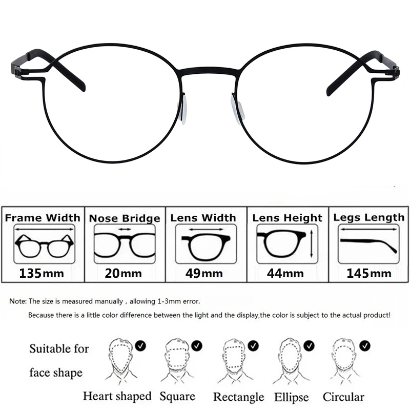 Monture de lunettes ovale et ronde sans vis, faite à la main, pour hommes et femmes, ultra-légère 6g, colorée, design de marque