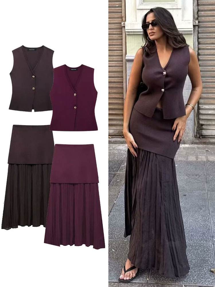 HH femmes élégant solide tricoté gilets jupes costumes col en V gilet Patchwork jupe Midi été décontracté femme 2 pièces ensembles