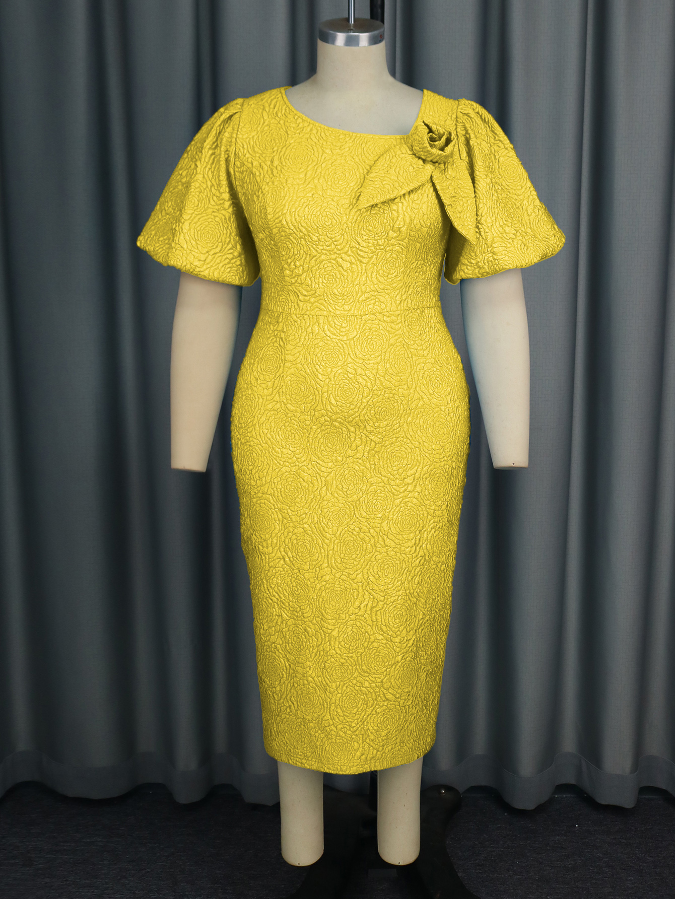 Robe élégante pour femmes, col rond, manches courtes bouffantes, fleur 3D, luxe, moulante, Slim, fendue, Jacquard, soirée, mariage, bal, église