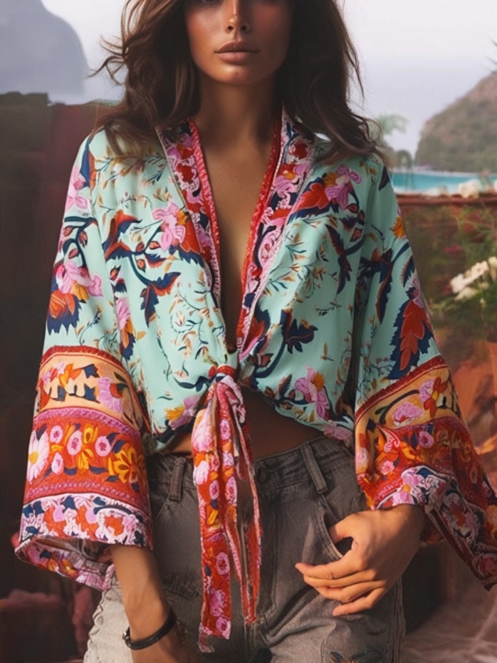 Kimono court imprimé floral paon pour femme, manches chauve-souris, coton rayonne, mode vintage, robe de plage pour femme, bikini Boho, couvertures
