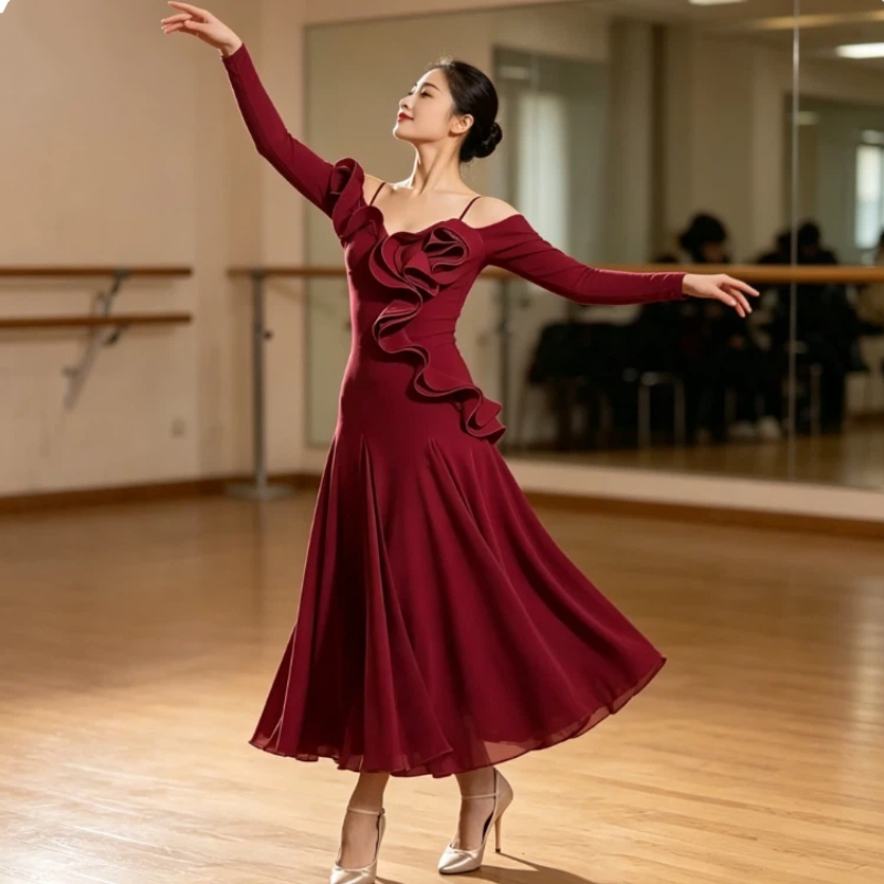 Nouvelle Robe de Danse Moderne pour Femme, Col en Dentelle Feuille de Lotus, Manches Longues Amincissantes, Robe Longue Évasée à Baleines pour la Danse Sociale