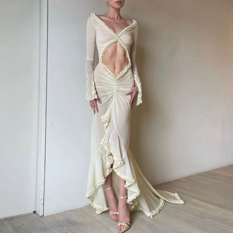 Robe de plage en maille transparente pour femmes, volants en dentelle, batterie froncée, maxi, élégante, creuse, col en V, fendue, manches longues