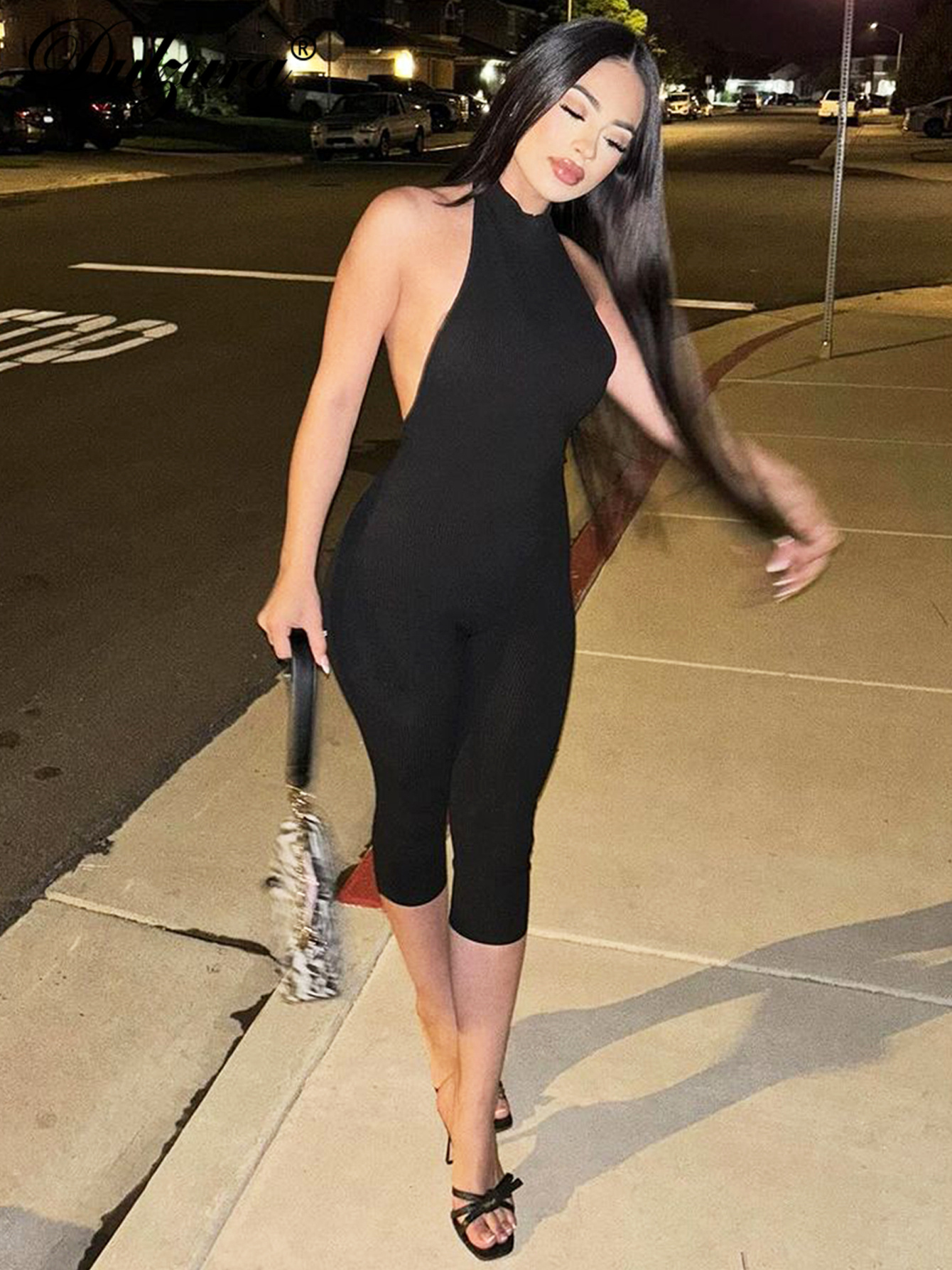 Dulzura femmes licou sans manches dos nu côtelé simple boutonnage combinaison solide Sexy barboteuse décontractée fête Club vêtements de rue