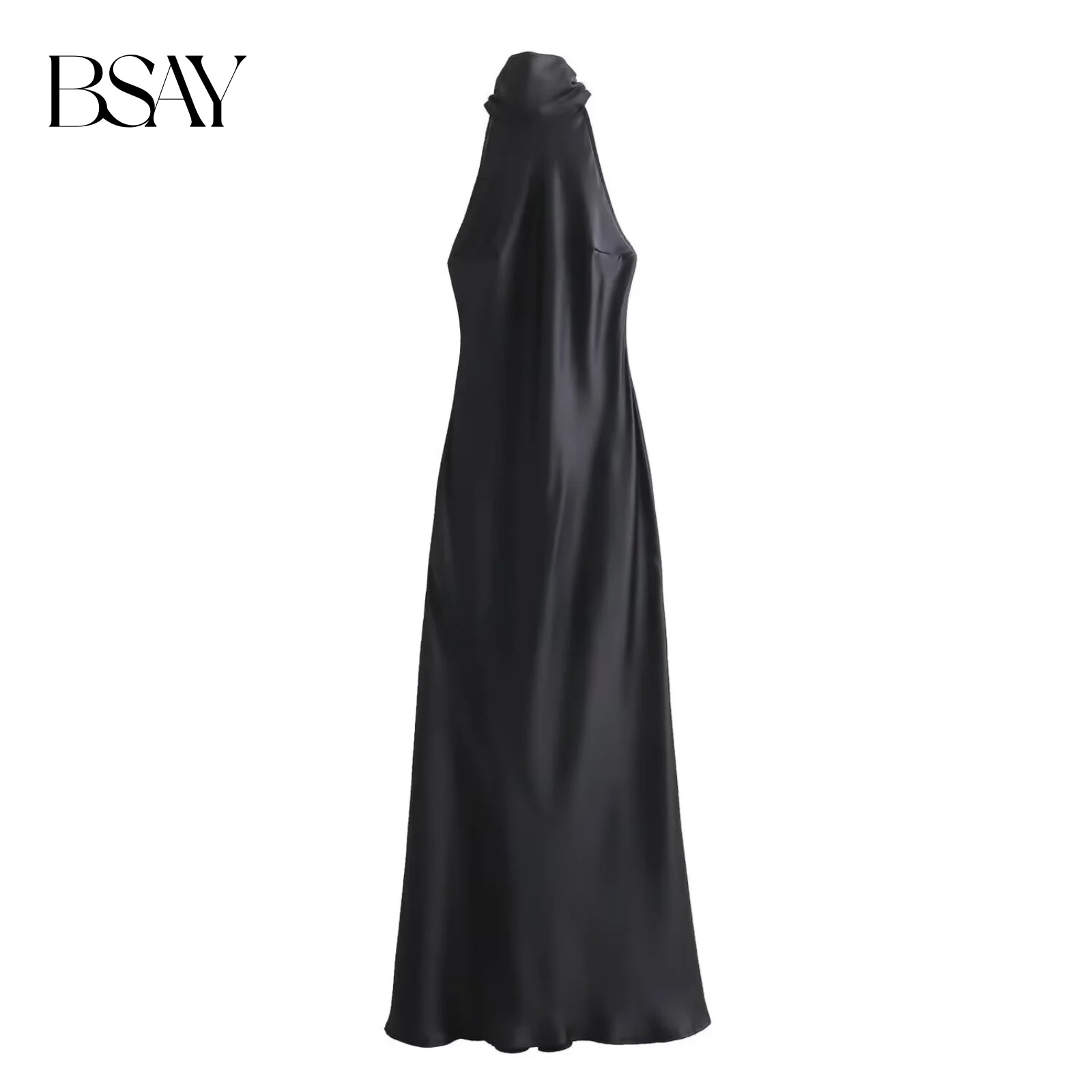 BSAY – robe mi-longue pour femmes, mode automne 2023, nouveau nœud, Sexy, dos nu, français, élégant, col licou, Texture Satin, robes mi-longues