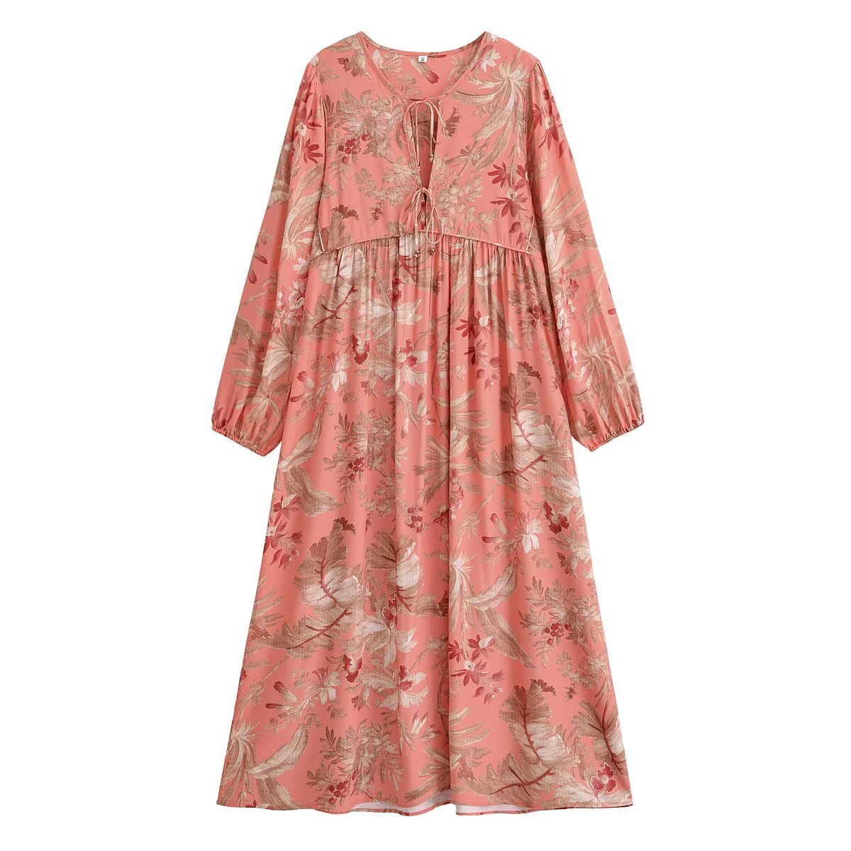 Robe midi droite BOHO pour femme, à motif floral et feuilles, avec col à nouer, en viscose et coton, manches longues, style ethnique, pour les vacances d'été