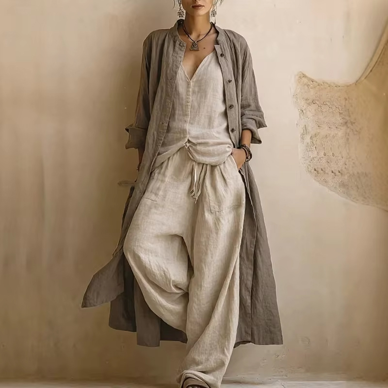 Ensemble 3 pièces pour femme en coton et lin, imprimé tendance, coupe ample, avec haut sans manches sexy à col en V, pantalon long et cardigan