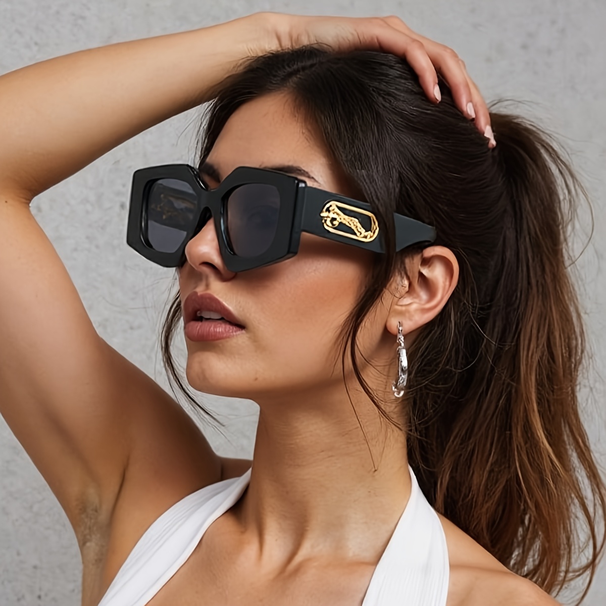 Lunettes de Soleil Géométriques Noires avec Léopard pour Femme, Verres de Décoration Dorée, Styliste de Luxe, Nouvelle Collection 2025