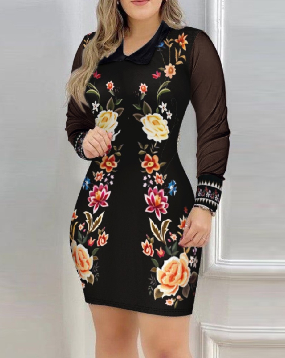 Robe élégante pour femmes automne maille à manches longues col rabattu robe imprimée