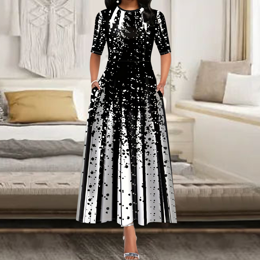 Robe longue de soirée élégante pour femmes, col rond, manches courtes, rétro, imprimé, décontracté, 2024