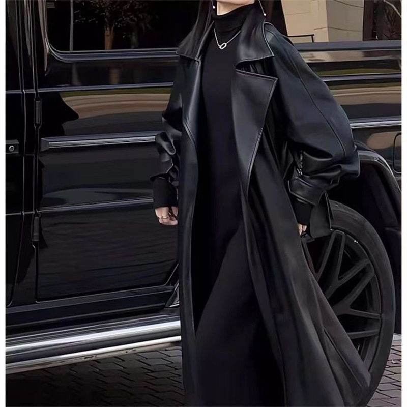 Nouvelle Veste Longue en Cuir Tendance Haut de Gamme pour Femme, Coupe au-dessus du Genou, Style Luxe et Élégant, Manteau Coupe-vent en Cuir