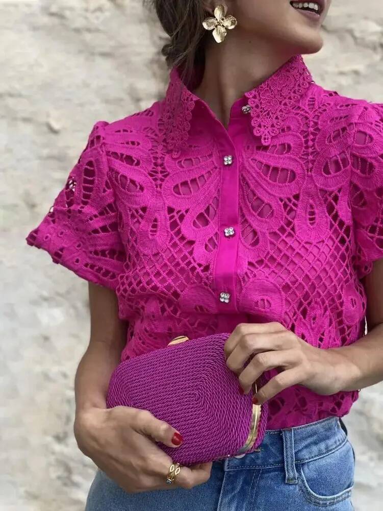 Chemise de créateur en dentelle pour femmes, chemisier élégant en dentelle au Crochet, chemise à revers Slim à manches courtes avec manches bouffantes, BQZ2