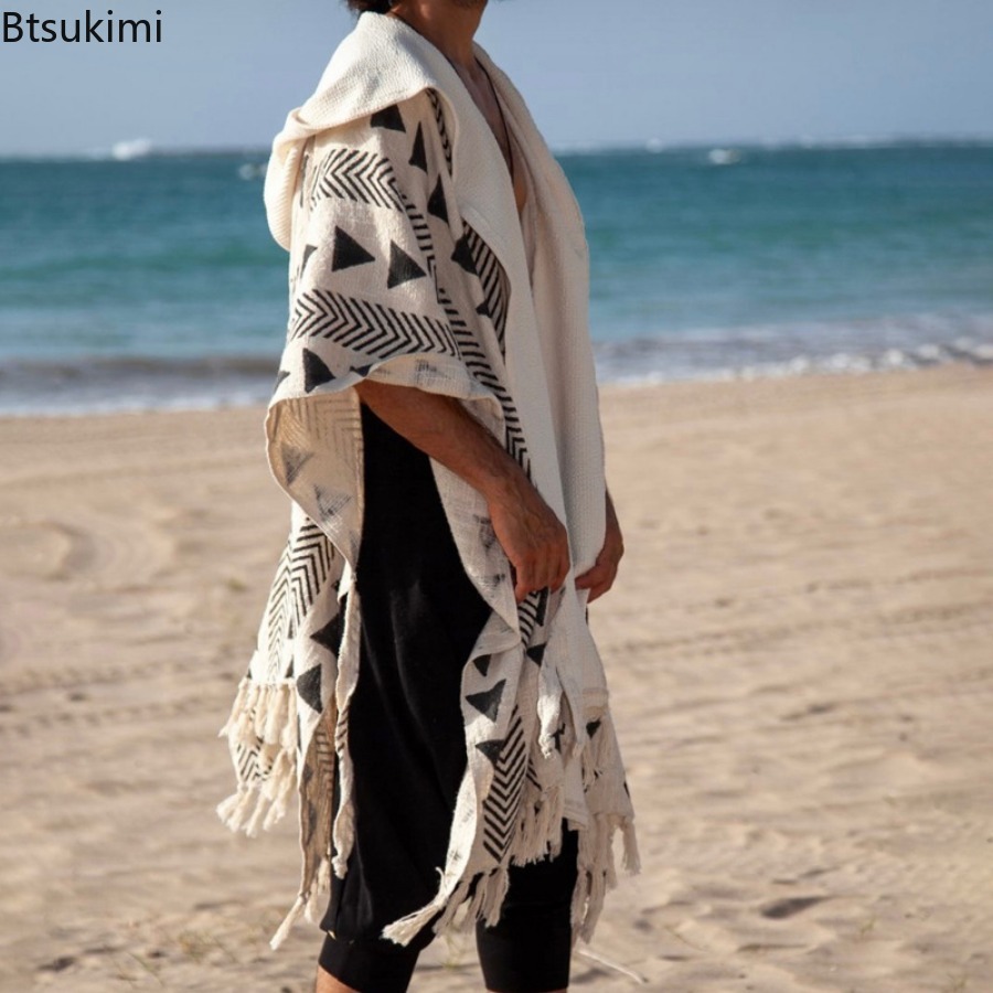 Vêtements de plage à capuche pour hommes, protection solaire, mode décontractée, cape à franges imprimée, Style de vacances, haut polyvalent, vêtements de Style ethnique, nouvelle collection