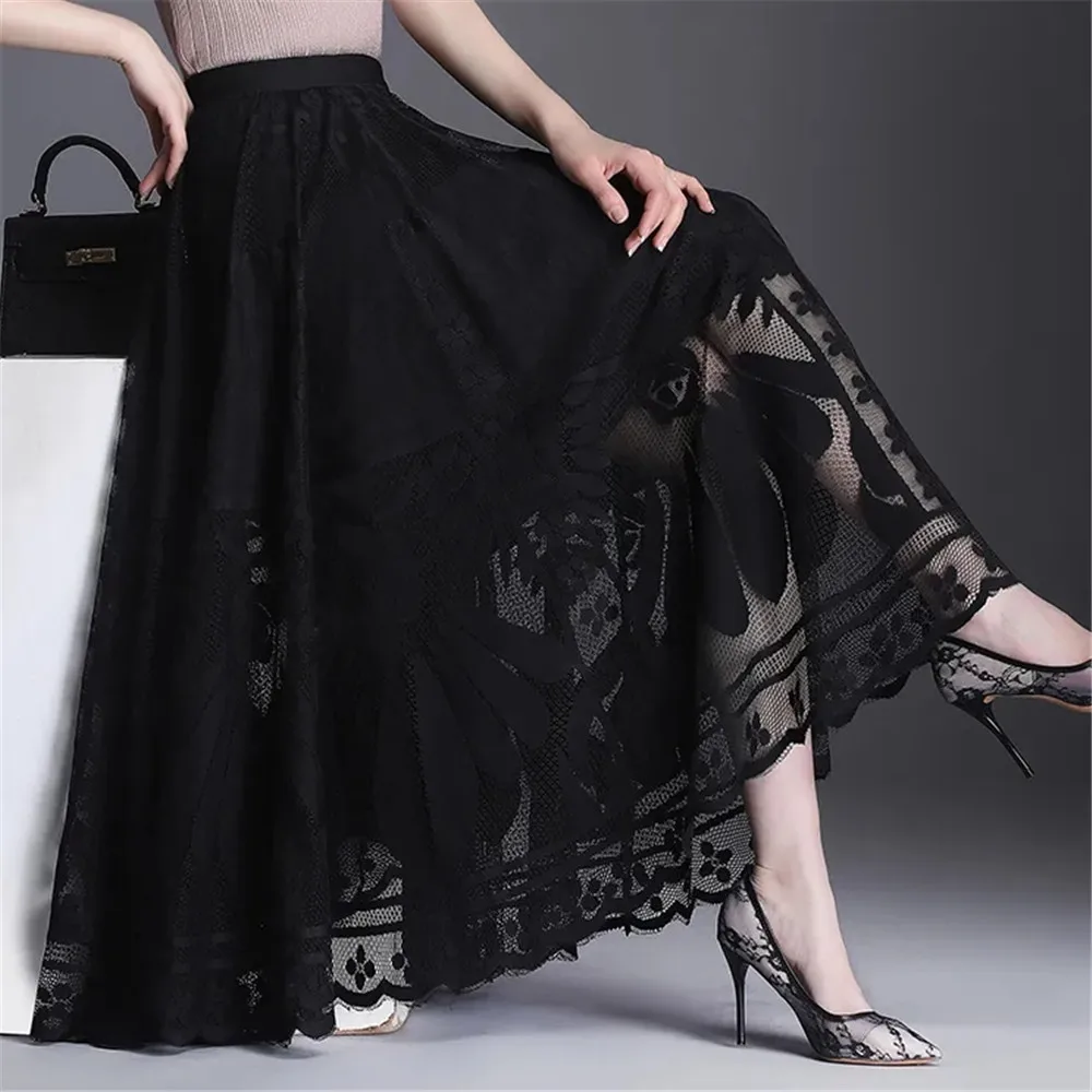 Jupe longue en dentelle taille haute pour femmes, nouvelle jupe noire A-Word, robe de bureau élégante pour dames, grande balançoire, gaze, jupe plissée creuse Streetwear