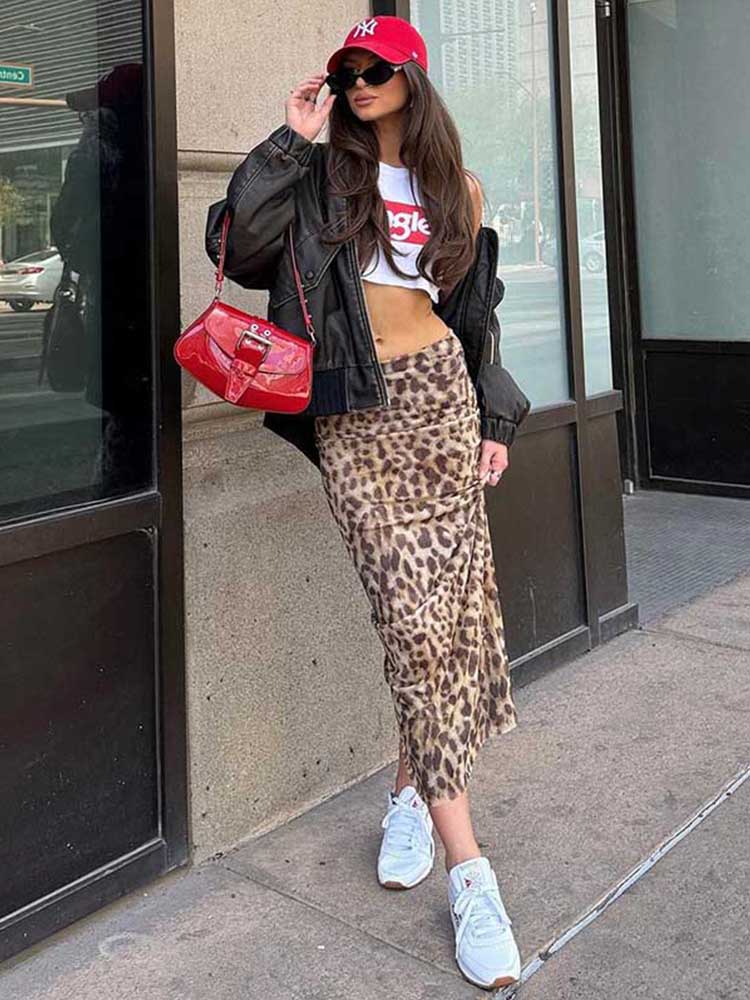 Jupe mi-longue imprimée léopard, Sexy et élégante, mode femme, vêtements d'été, bureau, fête, Club, Streetwear, vente en gros