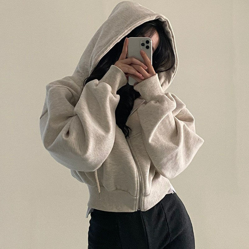 Chemise à capuche coréenne pour femmes, mode doublure polaire, sweat à capuche ample, fermeture éclair, manches longues, hauts courts, vestes Harajuku, manteaux, sweat-shirt